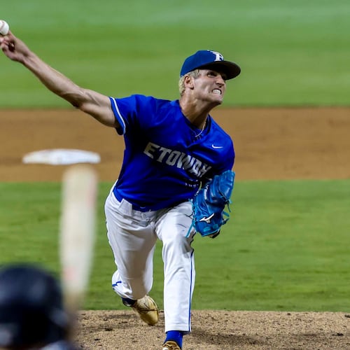 Etowah pitcher Matthew Sharman throws during the first inning of Game 1 of the Class 6A GHSA baseball finals against North Paulding on Tuesday, May 26, 2026, at Gwinnett Field in Lawrenceville. Sharman pitched seven innings and allowed one unearned run, five hits and two walks while striking out eight. (Miguel Martinez/AJC)