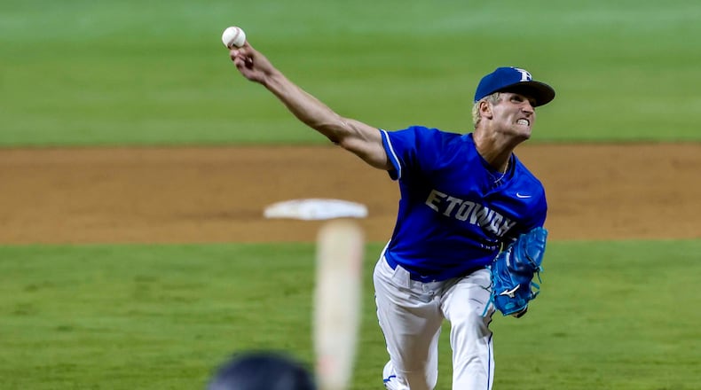Etowah pitcher Matthew Sharman throws during the first inning of Game 1 of the Class 6A GHSA baseball finals against North Paulding on Tuesday, May 26, 2026, at Gwinnett Field in Lawrenceville. Sharman pitched seven innings and allowed one unearned run, five hits and two walks while striking out eight. (Miguel Martinez/AJC)