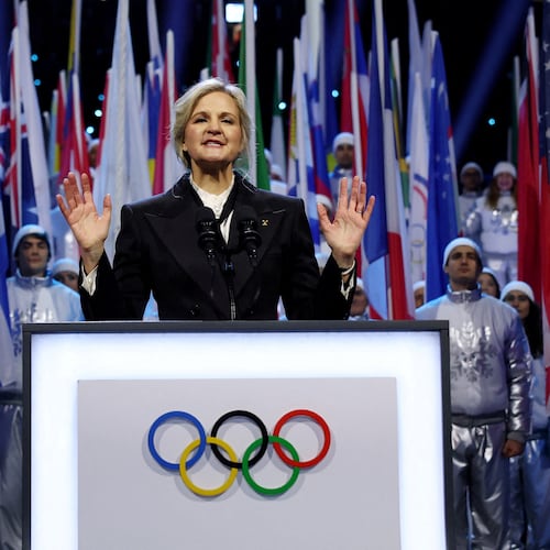 FILE - IOC President Kirsty Coventry speaks during the Olympic opening ceremony at the 2026 Winter Olympics, in Milan, Italy, Friday, Feb. 6, 2026. (Yves Herman/Pool Photo via AP, file)