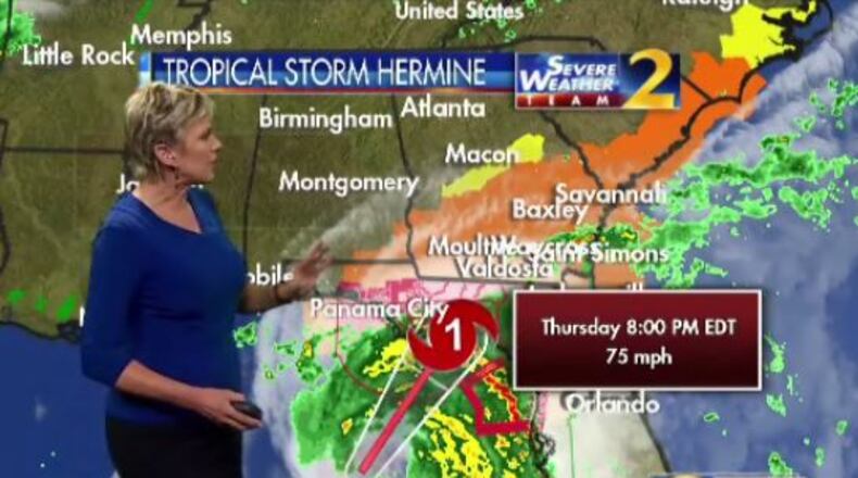 Tropical Storm Hermine is expected to cross into coastal Florida late Thursday night, Channel 2 Action News meteorologist Karen Minton said.
