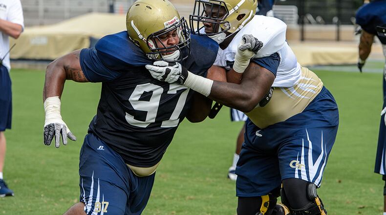 Eating well and working out helped Georgia Tech senior nose tackle Shawn Green report to preseason camp in great shape. The past three seasons Green was plagued by various injuries. Here he puts a move on Yellow Jackets center Freddie Burden during a preseason practice. (Photo courtesy of Georgia Tech athletics) Georgia Tech nose tackle Shawn Green missed several days in the preseason with an injury, but has evidently made it to the season healthy, a positive development for the Yellow Jackets. (GEORGIA TECH/DANNY KARNIK)