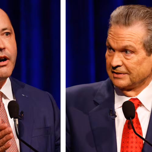 Georgia Attorney General and GOP gubernatorial candidate Chris Carr (left) and Republican rival Rick Jackson. (Arvin Temkar/AJC)