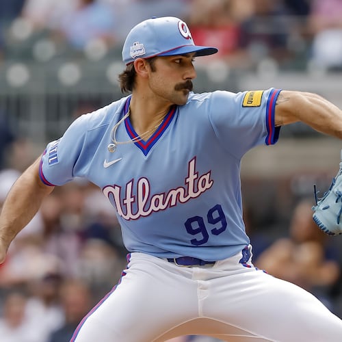 Atlanta Braves pitcher Spencer Strider delivers to a Pittsburgh Pirates batter during the first inning of a baseball game, Saturday, June 6, 2026, in Atlanta. (AP Photo/Erik S. Lesser)