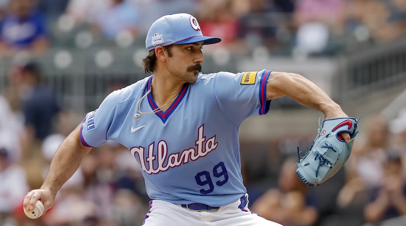 Atlanta Braves pitcher Spencer Strider delivers to a Pittsburgh Pirates batter during the first inning of a baseball game, Saturday, June 6, 2026, in Atlanta. (AP Photo/Erik S. Lesser)
