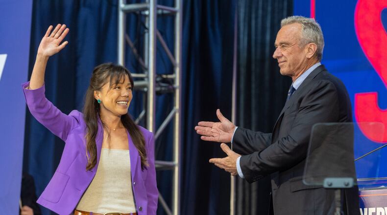Independent presidential candidate Robert F. Kennedy Jr. introduces Nicole Shanahan as his running mate on March 26 in Oakland, Calif. (Karl Mondon/Bay Area News Group/TNS)