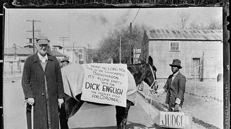 Dick English used a mule to campaign for coroner of Thomas County in 1930. Ten years later, in another campaign, he promised "inquests with a zip!" (Photo from Georgia Archives.)