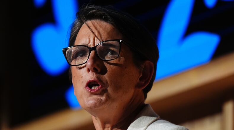 Director of GCHQ Anne Keast-Butler delivers her inaugural annual lecture Wednesday, May 27, 2026, at Bletchley Park, Buckinghamshire, Britain. (Jacob King/PA via AP)
