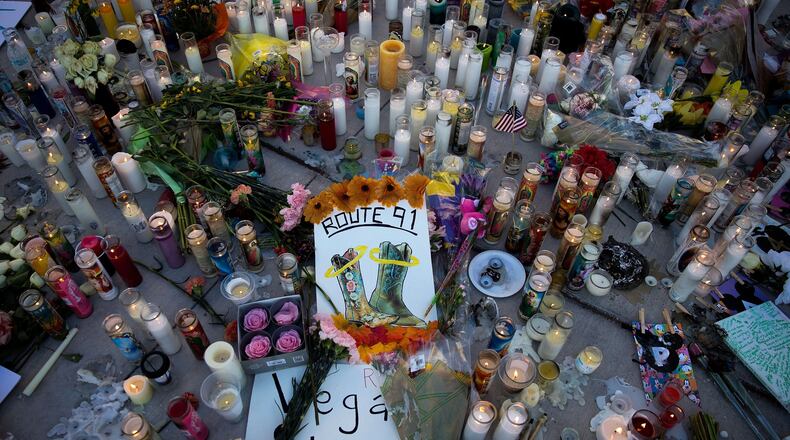 LAS VEGAS, NV -A makeshift memorial for the victims of Sunday night’s mass shooting stands at an intersection of the north end of the Las Vegas Strip on Tuesday, Oct. 3. The gunman, identified as Stephen Paddock, 64, of Mesquite, Nevada, allegedly opened fire from a room on the 32nd floor of the Mandalay Bay Resort and Casino on the music festival, leaving at least 59 people dead and over 500 injured. According to reports, Paddock killed himself at the scene. The massacre is one of the deadliest mass shooting events in U.S. history. (Photo by Drew Angerer/Getty Images)