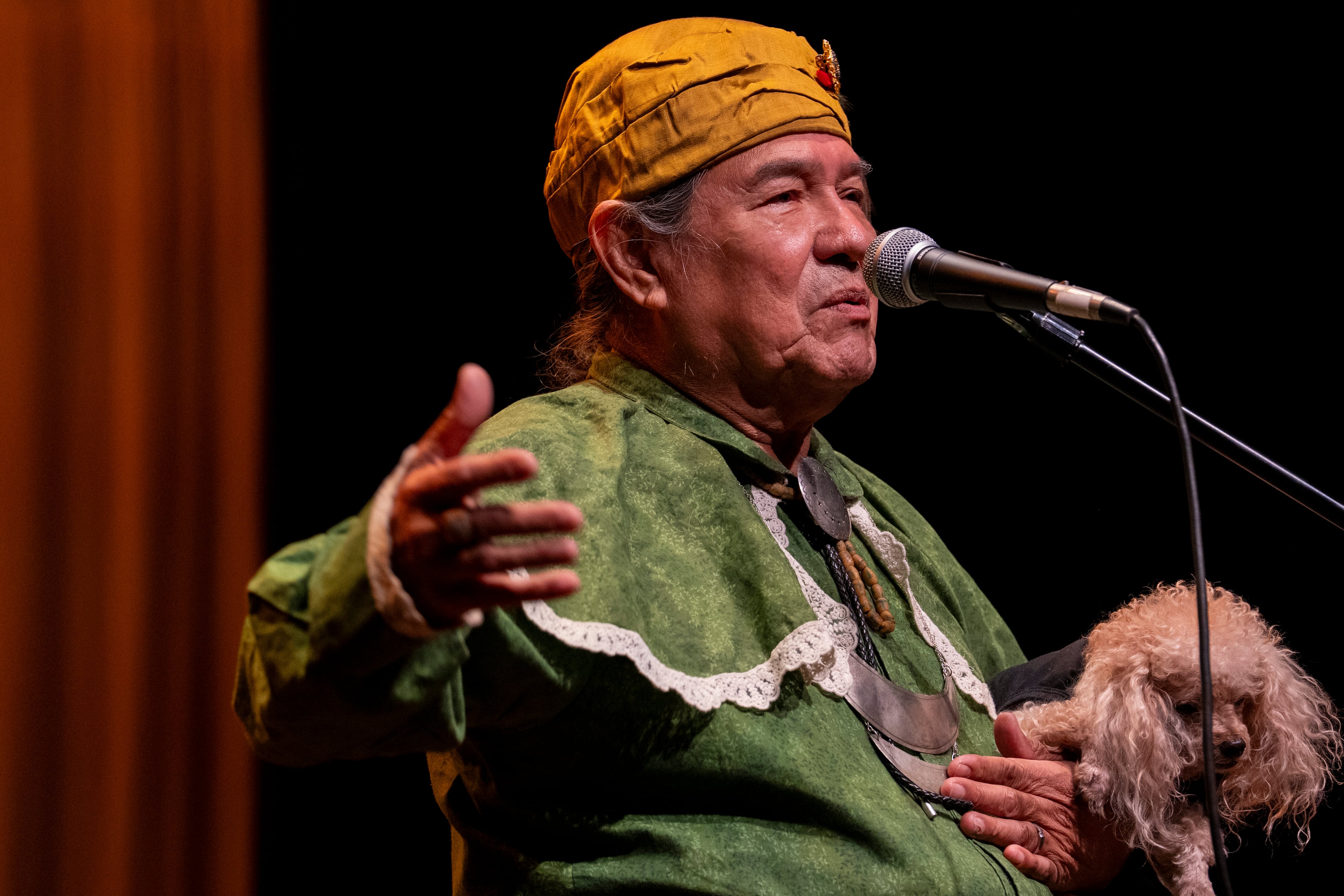 Muscogee (Creek) elder William Harjo tells stories at the Art of Activism at 7 Stages Theatre in Atlanta.