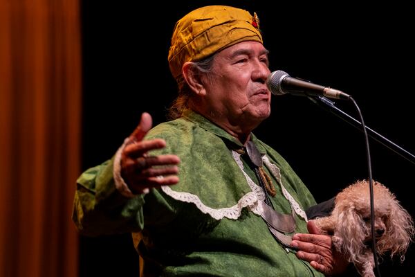 Muscogee (Creek) elder William Harjo tells stories at the Art of Activism at 7 Stages Theatre in Atlanta.