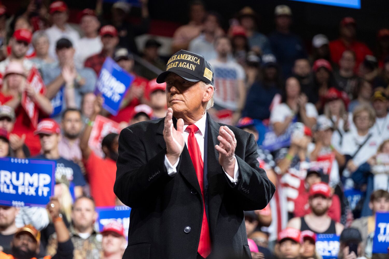 Former President Donald Trump gives remarks during a rally in Macon on Sunday, Nov. 3, 2024.   Ben Gray for the Atlanta Journal-Constitution