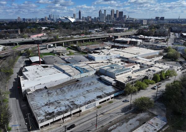This aerial photo from March shows the site of a planned Atlanta data center site at 713 Ralph David Abernathy Blvd. near the West End MARTA station in Atlanta. The city banned data centers near transit and the Beltline, but this one is trying to get an exemption. (Hyosub Shin/AJC)