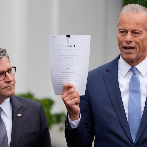 Senate Majority Leader John Thune, R-S.D., spoke to reporters outside of the White House on Monday as House Speaker Mike Johnson listened. (Alex Brandon/AP)