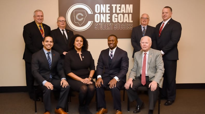 The Cobb County Board of Education includes two new members - both Democrats. They are (L-R, front row) Dr. Jaha Howard and Charisse Davis with David Morgan and David Banks. On the back row are (L-R) Randy Scamihorn, Vice-Chair Brad Wheeler, Chair David Chastain and Superintendent Chris Ragsdale (Courtesy of Cobb County School District)