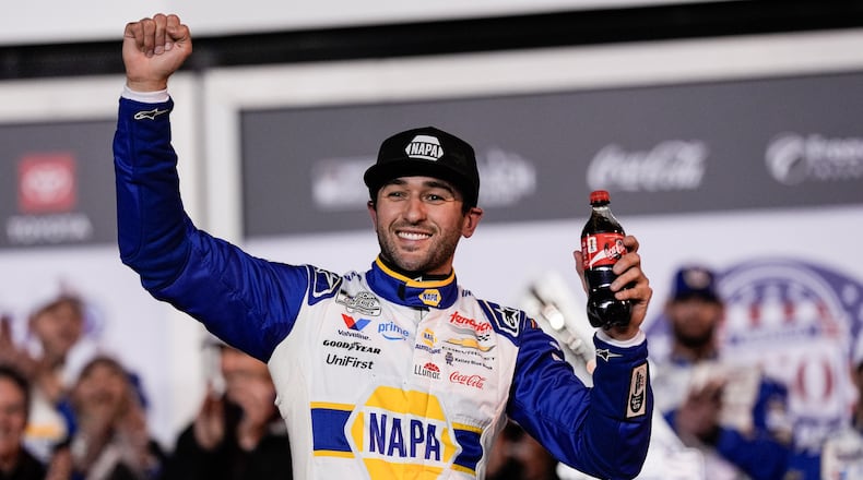Chase Elliott celebrates winning the second of two NASCAR Daytona 500 qualifying auto races at Daytona International Speedway, Thursday, Feb. 12, 2026, in Daytona Beach, Fla. (AP Photo/Mike Stewart)