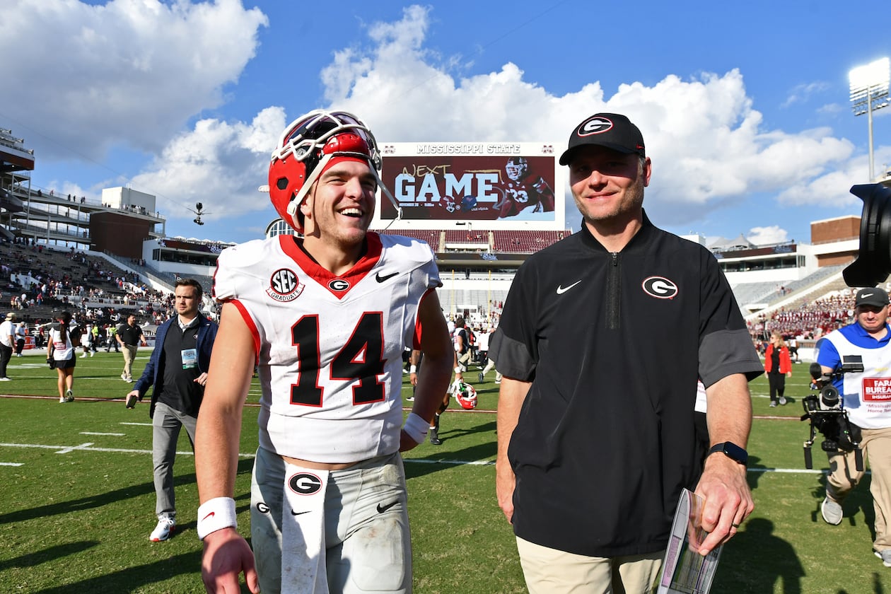 Georgia quarterback Gunner Stockton (14) reacts as he leaves after Georgia beat Mississippi State during an NCAA football game at Davis Wade Stadium, Saturday, November 8, 2025, in Starkville, Mississippi. Georgia won 41-21 over Mississippi State. (Hyosub Shin / AJC)