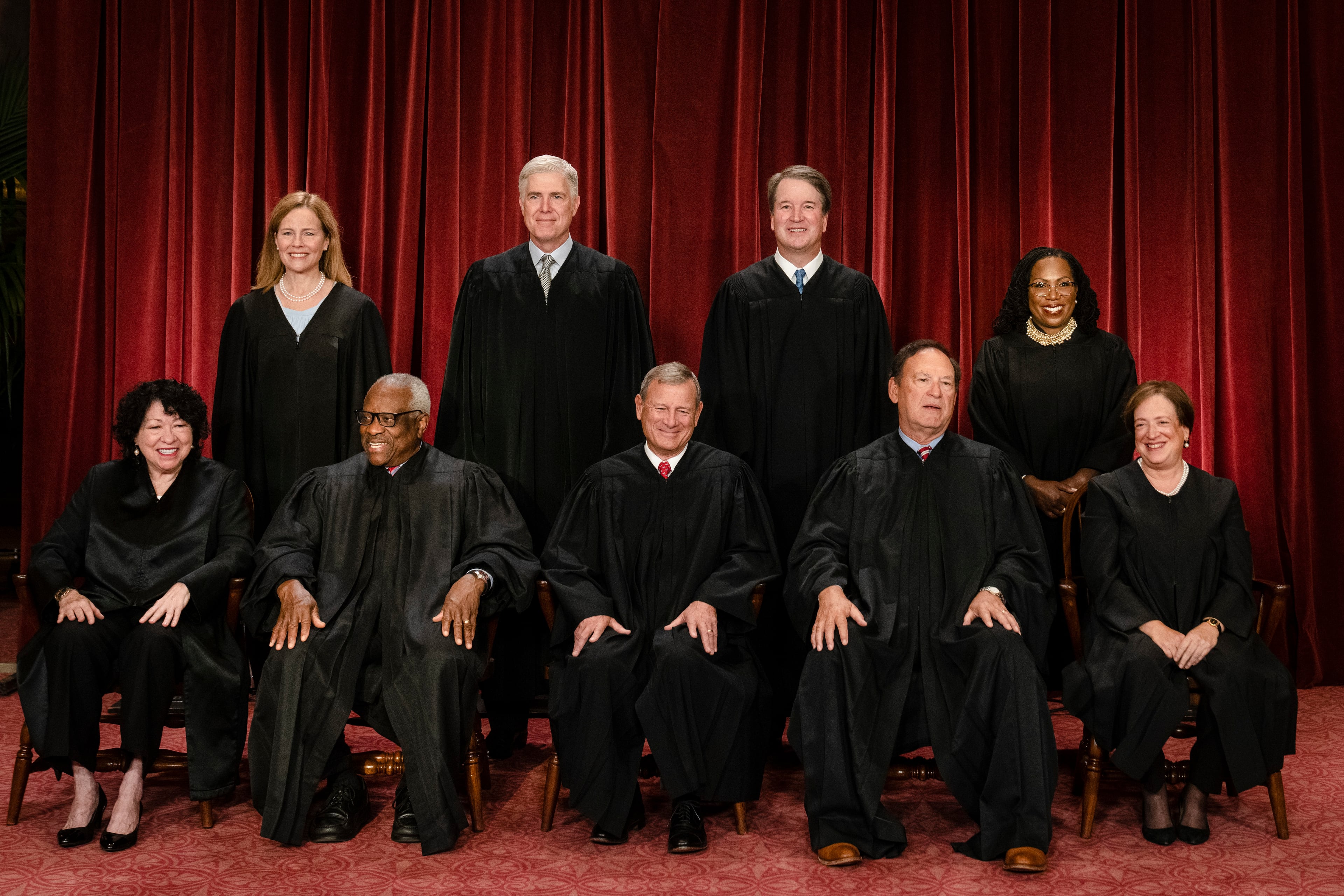 The Supreme Court (front row, from left) Justice Sonia Sotomayor, Justice Clarence Thomas, Chief Justice John Roberts, Justice Samuel Alito and Justice Elena Kagan, (back from left) Justice Amy Coney Barrett, Justice Neil Gorsuch, Justice Brett Kavanaugh and Justice Ketanji Brown Jackson, at the court in Washington, Oct. 7, 2022. A recent ruling allows Immigration and Customs Enforcement to resume its aggressive operation in Los Angeles. (Erin Schaff/New York Times)