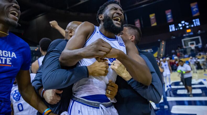 Championship Monday at the Sun Belt basketball tournament at the Pensacola Bay Center on March 7, 2022 in Pensacola, Florida, Georgia State's Eliel Nsoseme unleashed all his emotions after the Panthers won the Sun Belt Championship. (AJ Henderson/Sun Belt Conference)