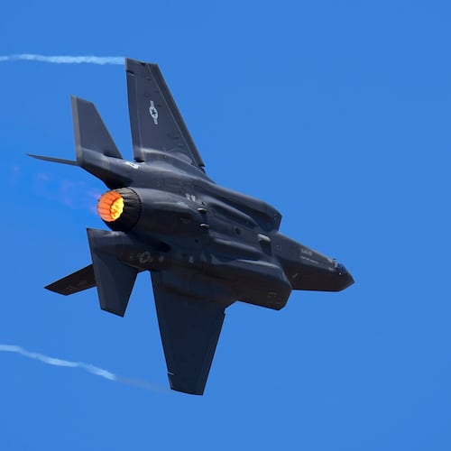 FILE - U.S. Air Force fighter aircraft F-35 performs aerobatic maneuvers on the second day of the Aero India 2023 at Yelahanka air base in Bengaluru, India, Feb. 14, 2023. (AP Photo/Aijaz Rahi, File)