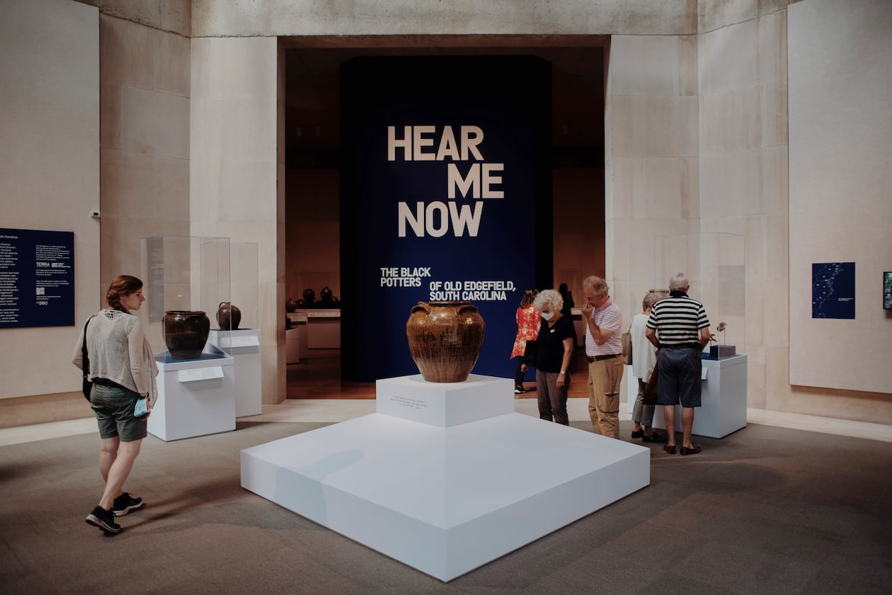 A jug made by David Drake, circa 1858, is shown on display with the “Hear Me Now: The Black Potters of Old Edgefield, South Carolina” exhibit at the Metropolitan Museum of Art in New York. (Lila Barth/The New York Times 2022)
