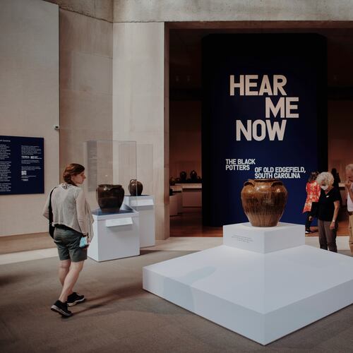 A jug made by David Drake, circa 1858, is shown on display with the “Hear Me Now: The Black Potters of Old Edgefield, South Carolina” exhibit at the Metropolitan Museum of Art in New York. (Lila Barth/The New York Times 2022)