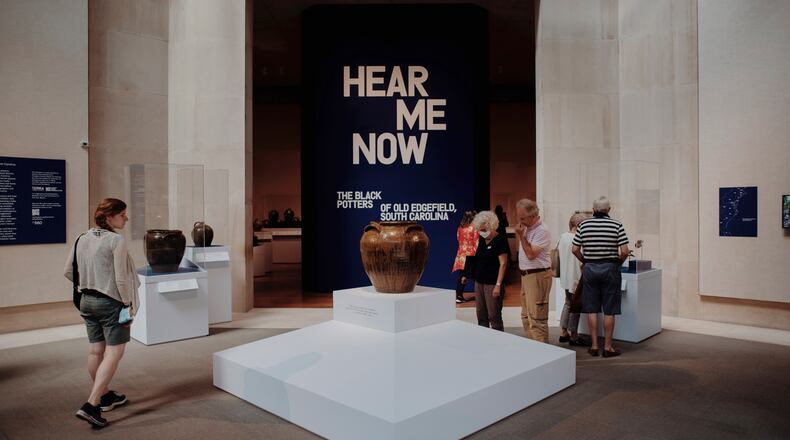 A jug made by David Drake, circa 1858, is shown on display with the “Hear Me Now: The Black Potters of Old Edgefield, South Carolina” exhibit at the Metropolitan Museum of Art in New York. (Lila Barth/The New York Times 2022)