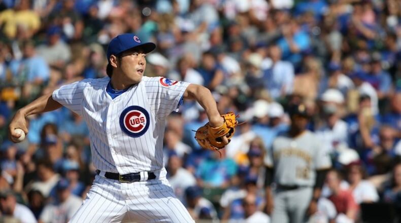 Chicago Cubs pitcher Koji Uehara works in the eighth inning against the Pittsburgh Pirates at Wrigley Field in Chicago on Friday, July 7, 2017. The Cubs won, 6-1. (Antonio Perez/Chicago Tribune/TNS)