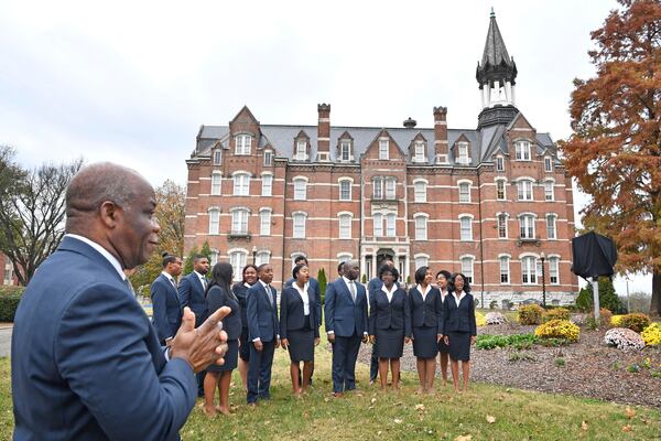 Dr. Paul T Kwami, Musical Director of the Fisk Jubilee Singers, listens as the Fisk Jubilee Singers sing a song as they were honored with a historic marker on the Fisk University campus. The marker commemorates the Singers and their departure from campus in 1871 to tour the United States and abroad to raise funds for Fisk University.