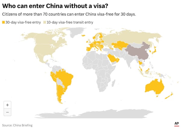 The map above shows which countries can enter China visa-free for 30 days and those which can enter on a 10-day visa-free transit entry. (AP Graphic)