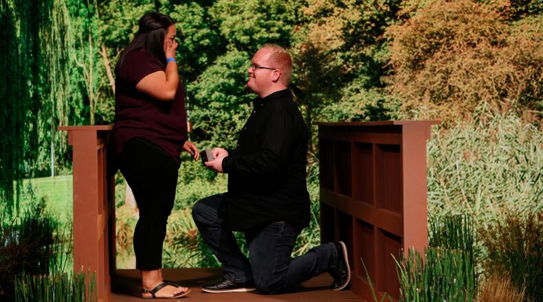 Seth Dixon attempts to propose to his girlfriend, Ruth Dixon, for the second time during a taping of "Jimmy Kimmel Live" on Tuesday, Sept. 19, 2017. (ABC/Randy Holmes)
