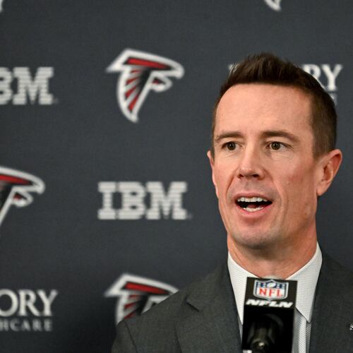 New Falcons president of football Matt Ryan said during his introductory news conference Tuesday, Jan. 13, 2026, in Flowery Branch: “I’m not trying to call plays, I’m not trying to run your offense. I’m not trying to pull a Philip Rivers and come back and play. I’m not doing any of this.” (Hyosub Shin/AJC)
