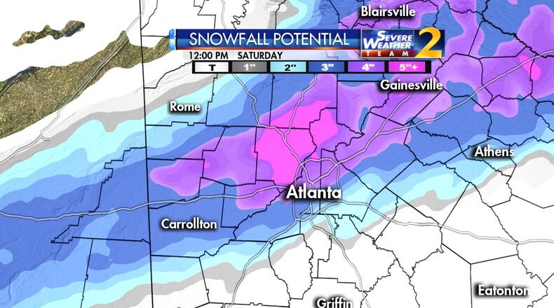 A Channel 2 Action News weather map shows the potential for snowfall in the metro Atlanta area.