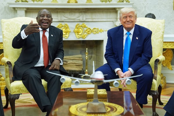 President Donald Trump meets South African President Cyril Ramaphosa in the Oval Office of the White House, Wednesday, May 21, 2025, in Washington. (AP Photo/Evan Vucci)