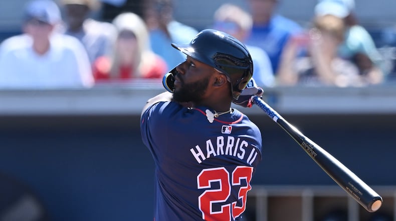 Atlanta Braves center fielder Michael Harris II (23) hits a solo home run during the first inning of a spring training baseball game at Charlotte Sports Park, Saturday, Feb. 23, 2024, in Port Charlotte, Fla. (Hyosub Shin / Hyosub.Shin@ajc.com)
