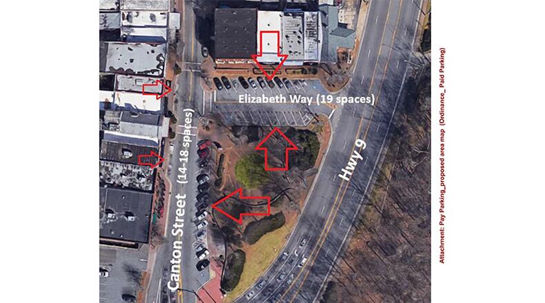 Aerial photo depicts two downtown streets where Roswell may implement paid on-street parking. The City Council has accepted on first reading an ordinance that would make this possible. CITY OF ROSWELL