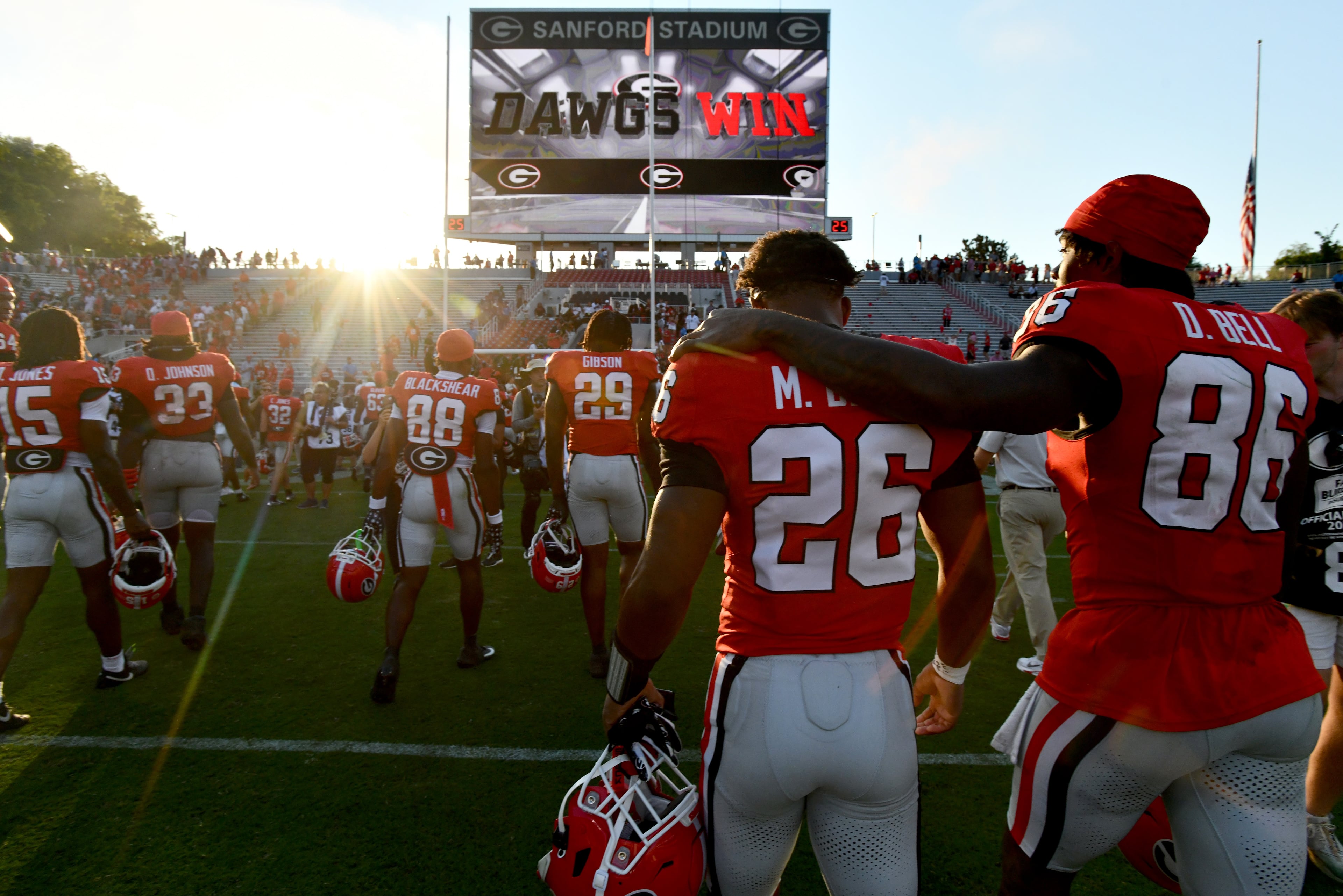 Georgia players leave the football field after Georgia beat Marshall during an NCAA football game at Sanford Stadium, Saturday, August 30, 2025, in Athens. Georgia won 45-7 overMarshall. (Hyosub Shin / AJC)