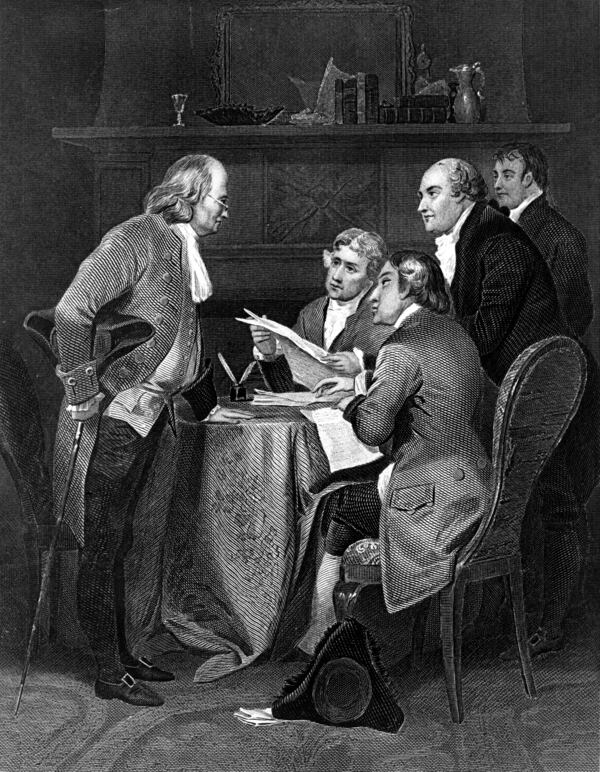 This image provided by the National Archives shows the 19th century engraving "Drafting the Declaration of Independence in 1776, 1859" by Alonzo Chappel, which depicts the committee chosen to draft a declaration of independence. The five members are, from left: Benjamin Franklin, Thomas Jefferson, John Adams, Philip Livingston and Roger Sherman. (Alonzo Chappel/National Archives via AP)