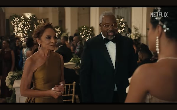 Jasmine Guy (Whitney Gilbert) and Kadeem Hardison (Dwayne Wayne) at a Hillman College gala in the 10th episode of Season 1 of Netflix's "A Different World" shot at Biltmore Ballrooms in Midtiown Atlanta in the spring of 2026. NETFLIX SCREENSHOT