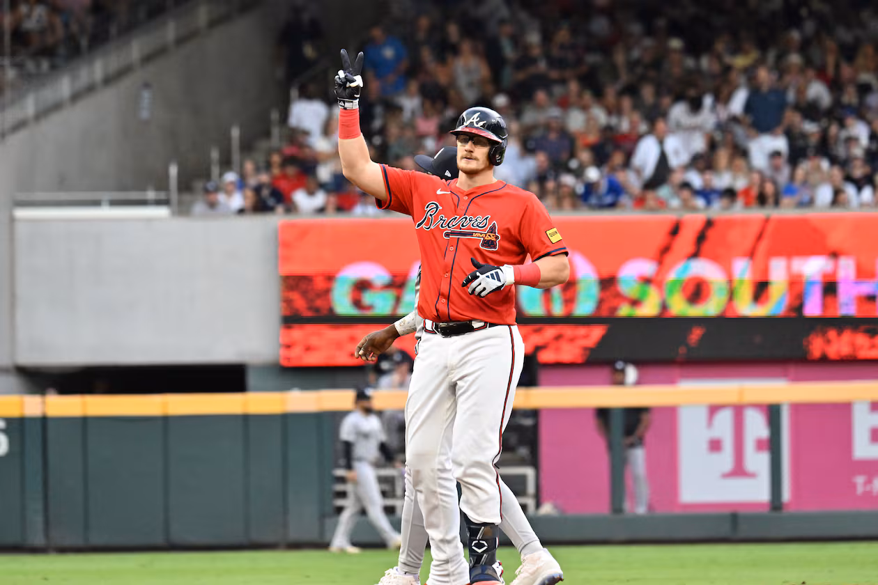 Atlanta Braves catcher Sean Murphy reacts after hitting a double during the third inning of a baseball game at Truist Park, Friday, July 18, 2025, in Atlanta. Atlanta Braves won 7-3 over New York Yankees. (Hyosub Shin/AJC)