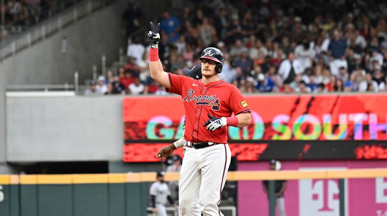 Atlanta Braves catcher Sean Murphy reacts after hitting a double during the third inning of a baseball game at Truist Park, Friday, July 18, 2025, in Atlanta. Atlanta Braves won 7-3 over New York Yankees. (Hyosub Shin/AJC)