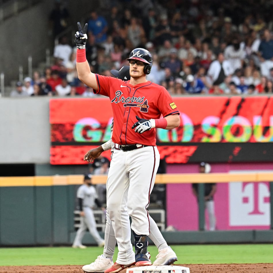 Atlanta Braves catcher Sean Murphy reacts after hitting a double during the third inning of a baseball game at Truist Park, Friday, July 18, 2025, in Atlanta. Atlanta Braves won 7-3 over New York Yankees. (Hyosub Shin/AJC)