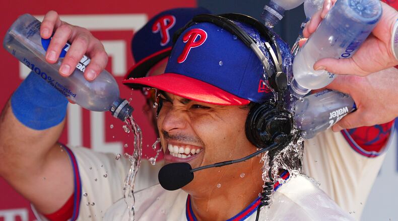 Philadelphia Phillies pitcher Jesús Luzardo is doused by teammates in the dugout after a baseball game against the Atlanta Braves, Monday, Sept. 7, 2026, in Philadelphia. (AP Photo/Derik Hamilton)