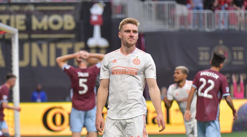 April 27, 2019 Atlanta - Atlanta United defender Julian Gressel (24) reacts after scoring a goal assisted by Atlanta United defender Leandro Gonzalez (5) during the second half in a MLS soccer match at Mercedes-Benz Stadium in Atlanta on Saturday, April 27, 2019. Atlanta United won 1-0 over the Colorado Rapids. HYOSUB SHIN / HSHIN@AJC.COM