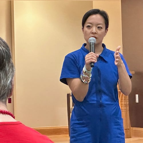 Francesca Hong, a Democratic socialist candidate for Wisconsin governor, speaks to voters at a retirement home, Tuesday, July 7, 2026, in Madison, Wis. (AP Photo/Scott Bauer)