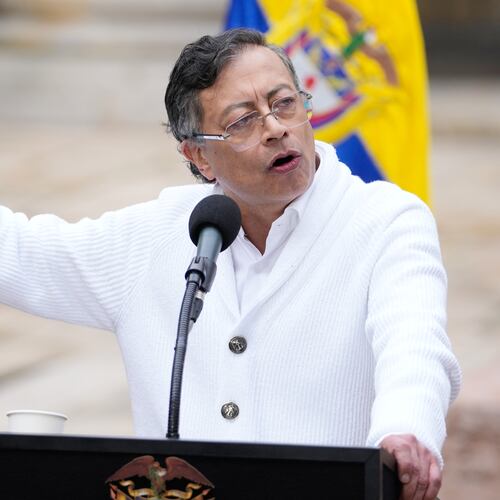 President Gustavo Petro speaks after voting during the presidential election in Bogota, Colombia, Sunday, May 31, 2026. (AP Photo/Matias Delacroix)