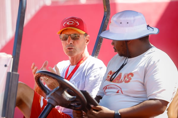 Clarke Central baseball and football coach David Perno (left) speaks with support staff member Treveon Varnum during practice at Clarke Central in Athens on Tuesday, July 7, 2026. (Arvin Temkar/AJC)