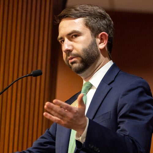FILE - State Rep. Houston Gaines, R-Athens, speaks at before the House Public Safety and Homeland Security Committee meeting at the Paul D. Coverdell Legislative Office Building in Atlanta, Tuesday, Feb. 27, 2024. (Arvin Temkar/Atlanta Journal-Constitution via AP, File)