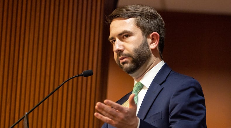 FILE - State Rep. Houston Gaines, R-Athens, speaks at before the House Public Safety and Homeland Security Committee meeting at the Paul D. Coverdell Legislative Office Building in Atlanta, Tuesday, Feb. 27, 2024. (Arvin Temkar/Atlanta Journal-Constitution via AP, File)