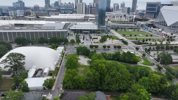 An aerial image shows a green space, which is the proposed location for a Georgia Power substation in the historic community of Vine City. Neighbors in the area are pushing back against the substation. (Miguel Martinez/AJC)