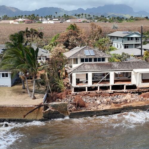 A home damaged by Hurricane Lowell is seen Thursday, Sept. 10, 2026, in Poipu, Hawaii. (Nathan Eagle/Honolulu Civil Beat via AP)
